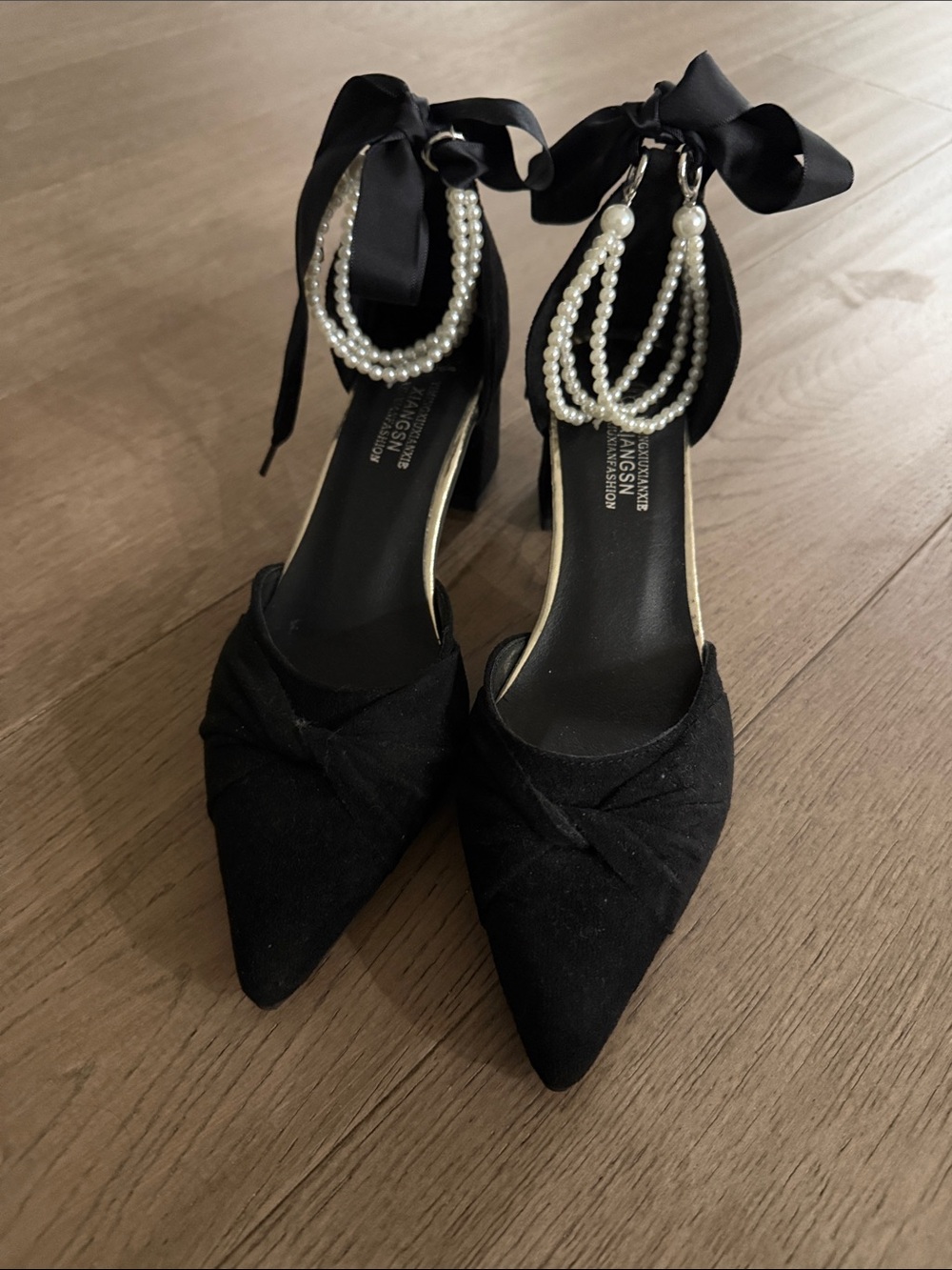 Pearl-Embellished Black Ankle-Tie Pumps